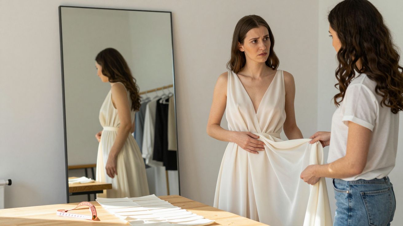 Two women in a fitting room, one in a white dress, discussing alterations. Mirror reflection shows her from the side.