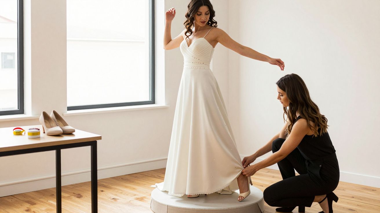 Woman in white wedding dress being adjusted by a seamstress in a modern, light-filled room.