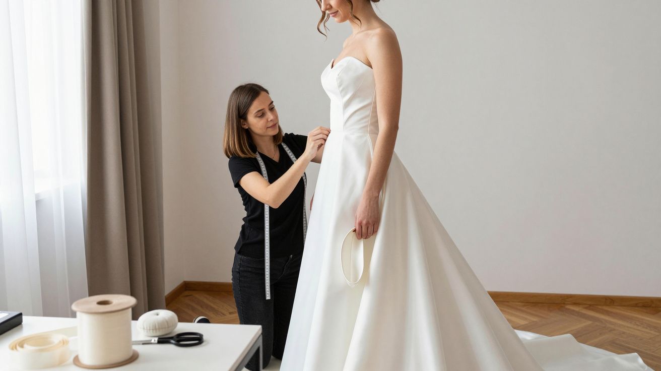 Bride in white gown being fitted by a tailor using a tape measure in a bright room.