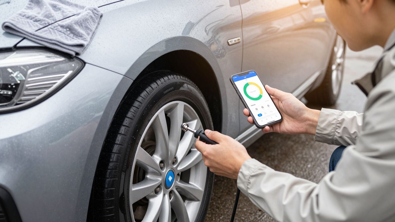 Person checking car tyre pressure with a digital gauge, holding a smartphone showing tyre data.