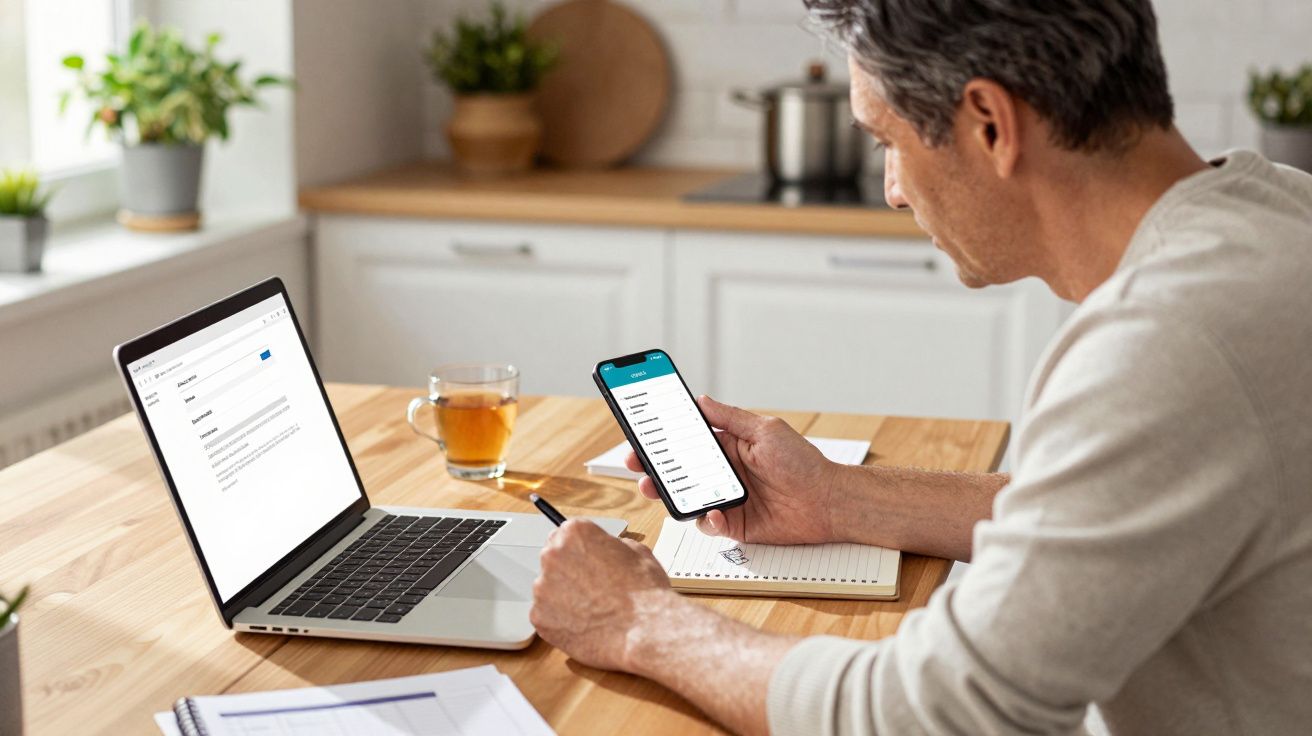 Man at a table using a smartphone and laptop, taking notes with a cup of tea nearby.