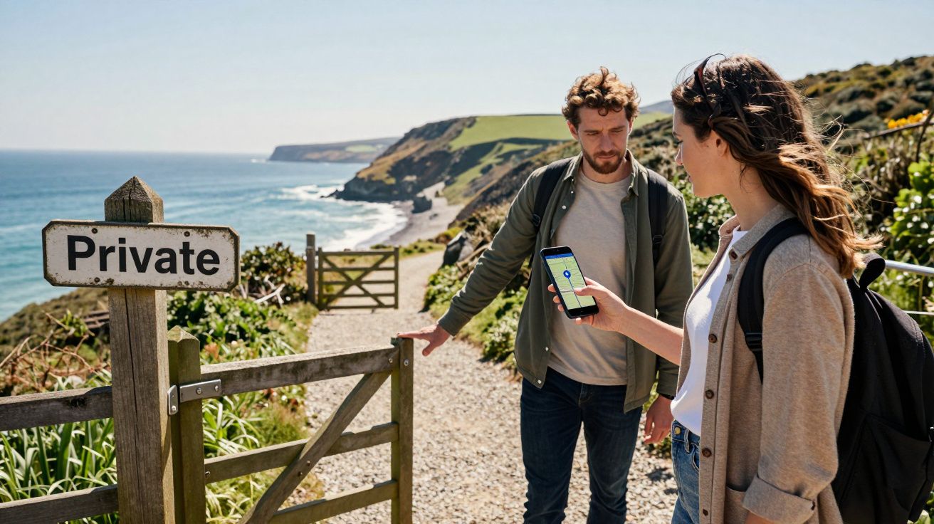 Woman showing phone to man near coastal path and "Private" sign, overlooking scenic cliffs and ocean.