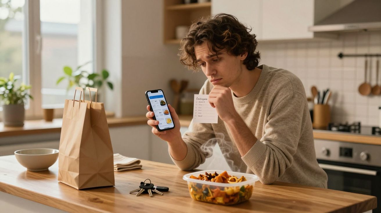 Man at kitchen counter checking phone menu with takeaway and keys nearby.