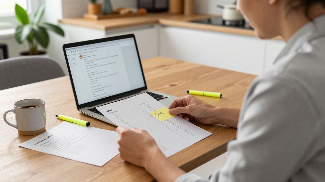 Person working at a laptop with documents, a post-it note, highlighters, and a coffee mug on a wooden table at home.