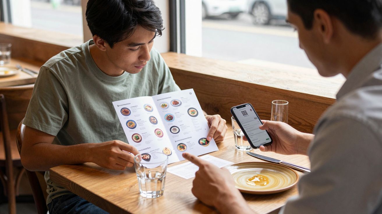 Two men at a restaurant table, one looking at a menu and the other holding a smartphone, with glasses and plates.