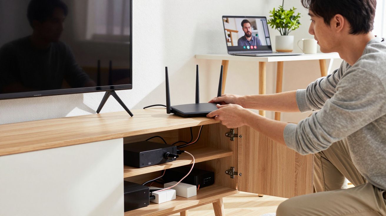A person sets up a wireless router on a wooden console near a TV, with a laptop open in the background.