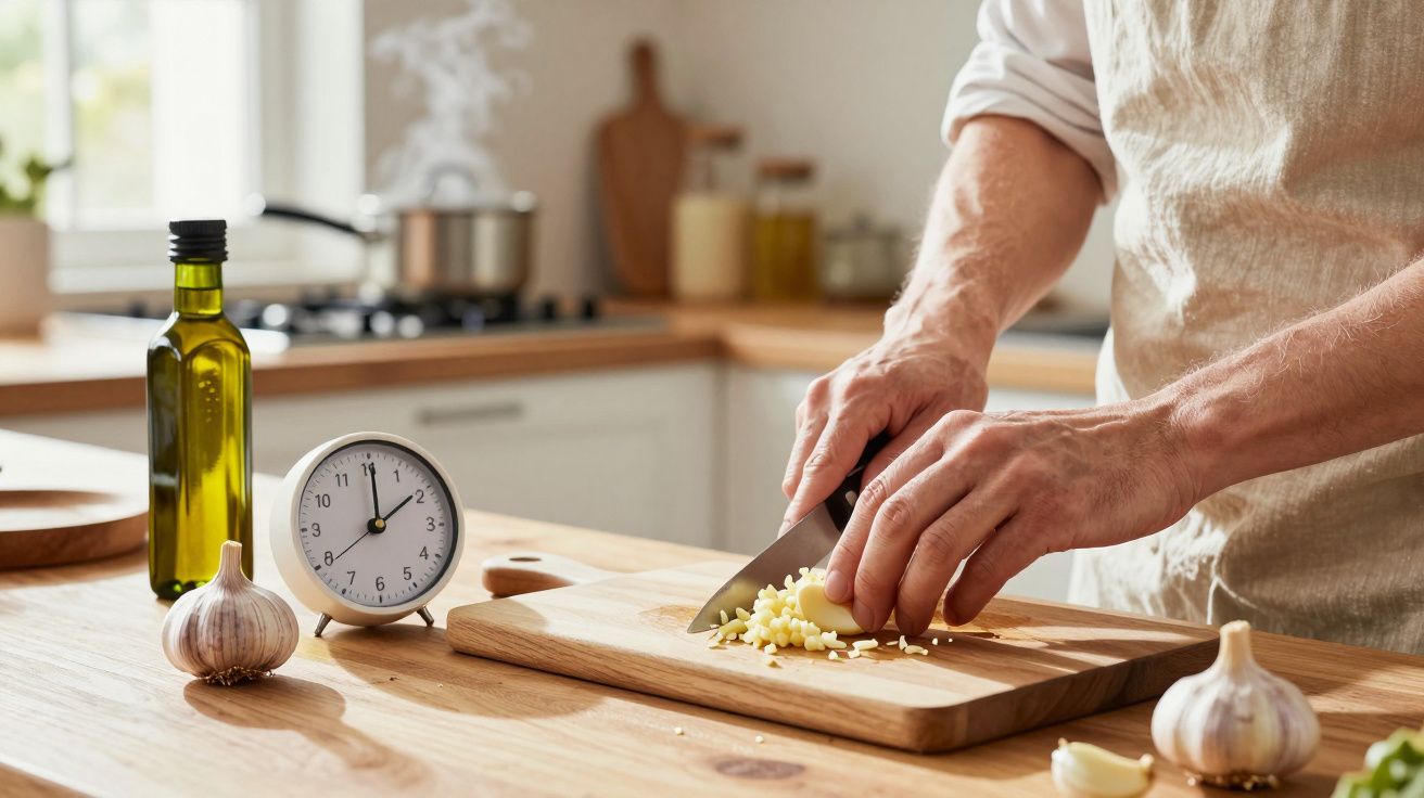 Person chopping garlic on a wooden board in a kitchen, with a bottle of olive oil and a clock nearby.