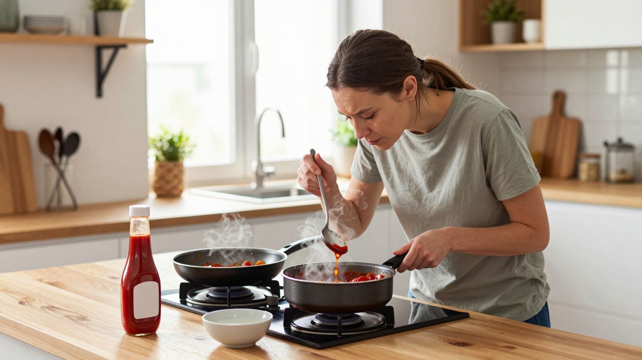 Woman in a kitchen tasting food from a saucepan on the hob, with another pan beside and a bottle of ketchup nearby.