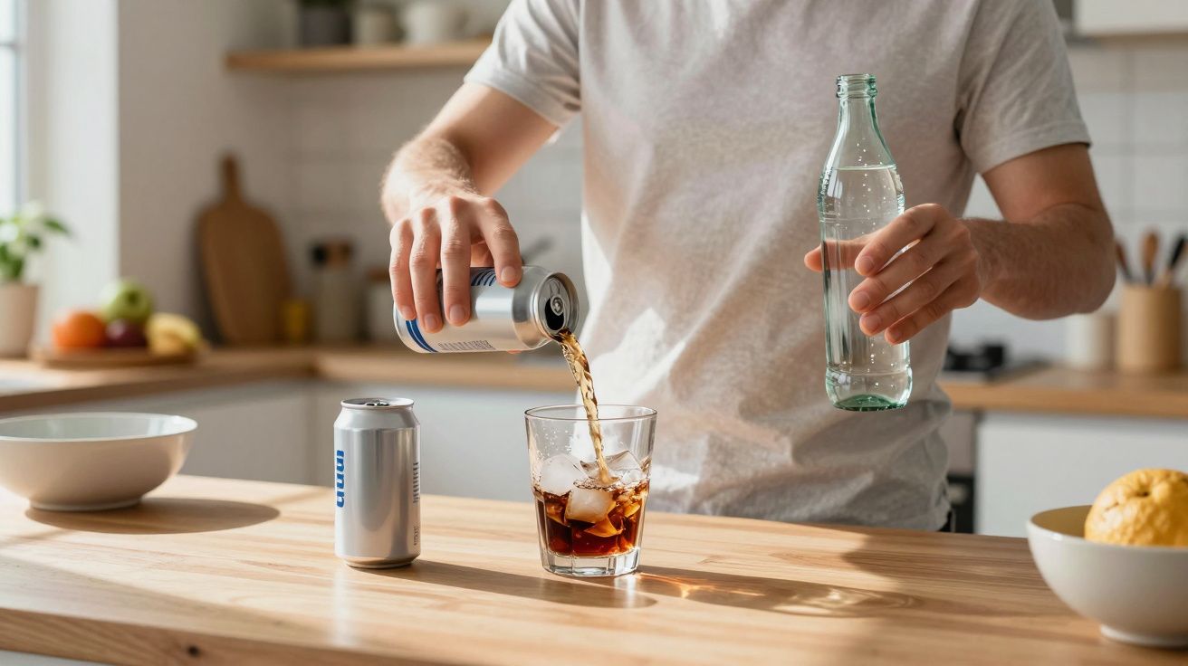 Person pouring a fizzy drink from a can into a glass on a kitchen counter, holding a bottle in the other hand.
