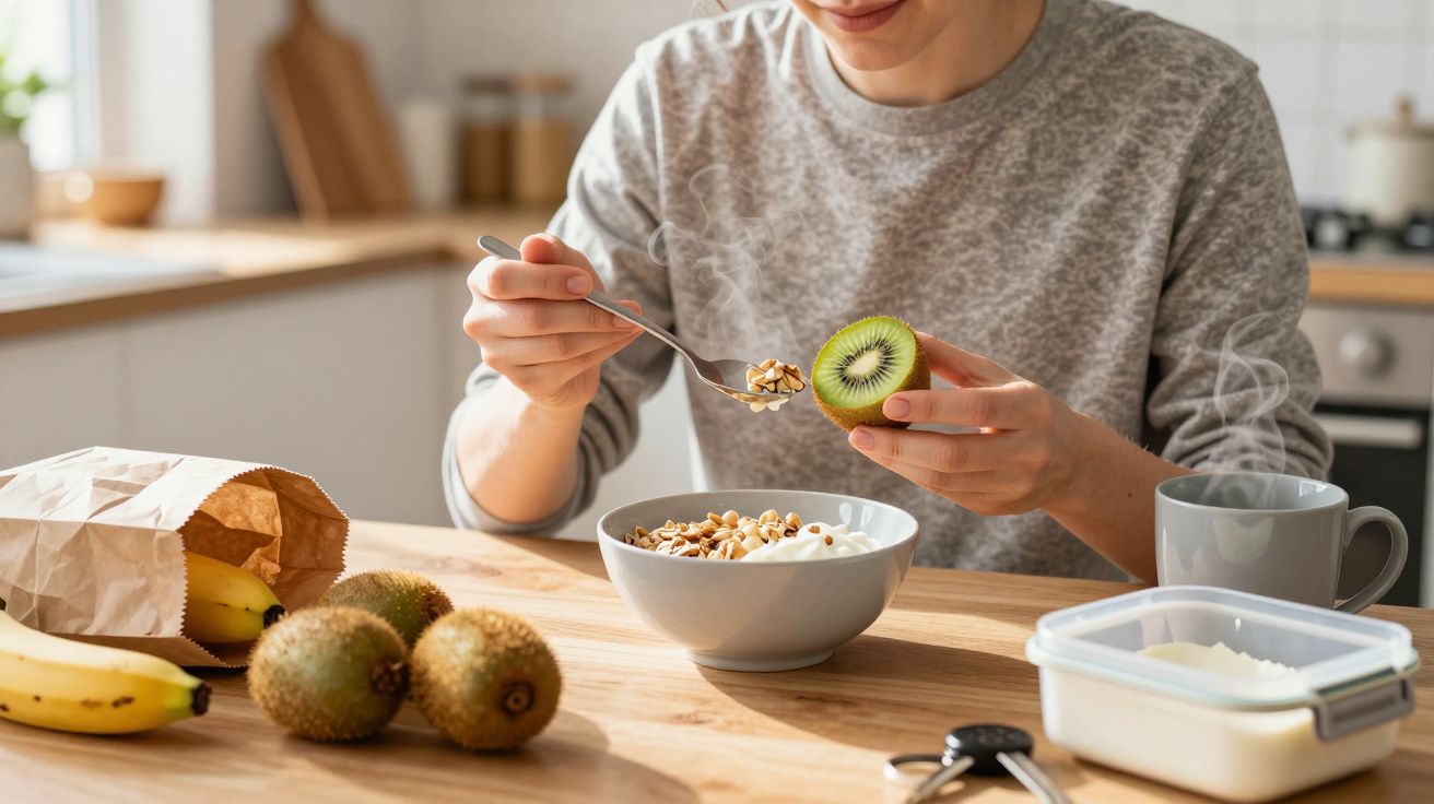 Person preparing breakfast with cereal, yoghurt, kiwi, and bananas at a kitchen table.