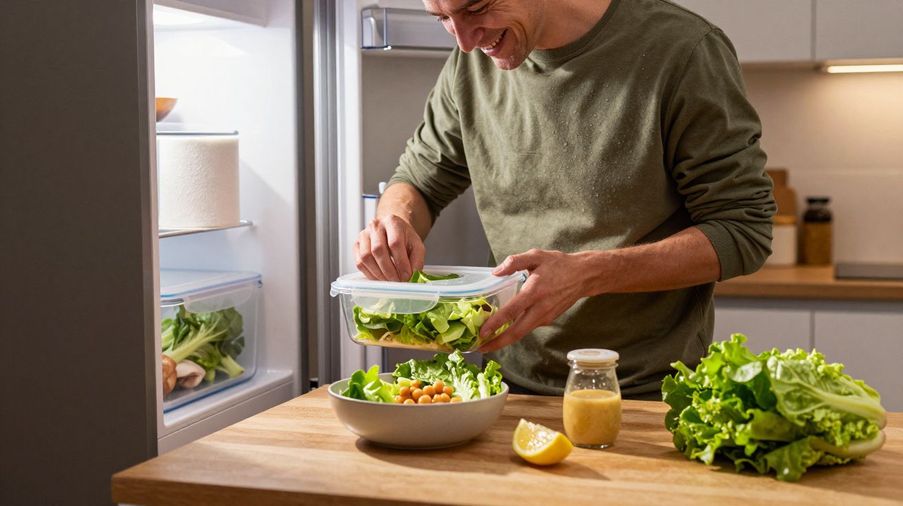 Man preparing a salad in a kitchen, using fresh greens from a container, with a jar of dressing and lemon on the counter.