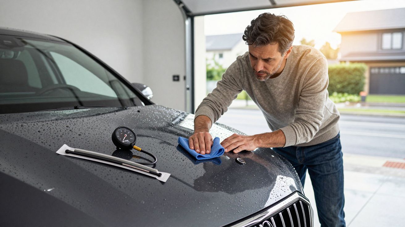 Man wearing grey jumper cleaning car bonnet in a garage with a blue cloth, surrounded by water droplets and tools.