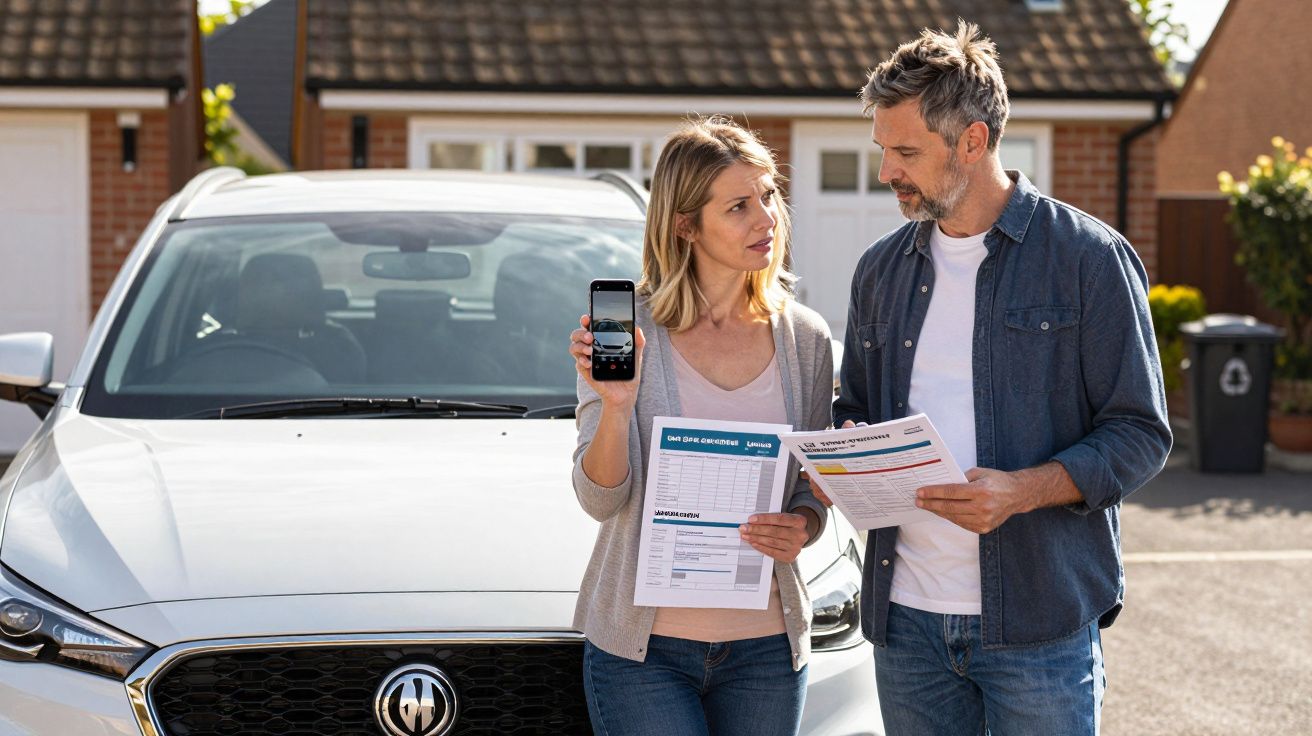 Couple standing by white car, woman showing mobile phone screen, man holding documents, in front of house.