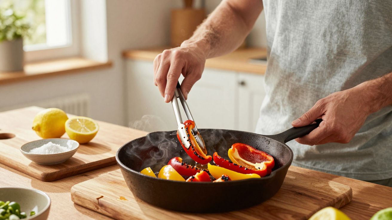 Man cooking sliced peppers in a frying pan on a wooden countertop, using tongs, with a lemon and salt nearby.