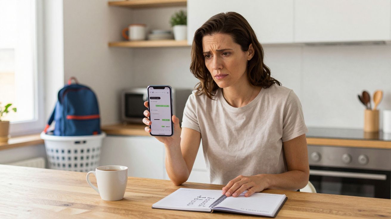 Woman sitting at a kitchen table, looking concerned while holding a smartphone and a notebook, coffee mug nearby.