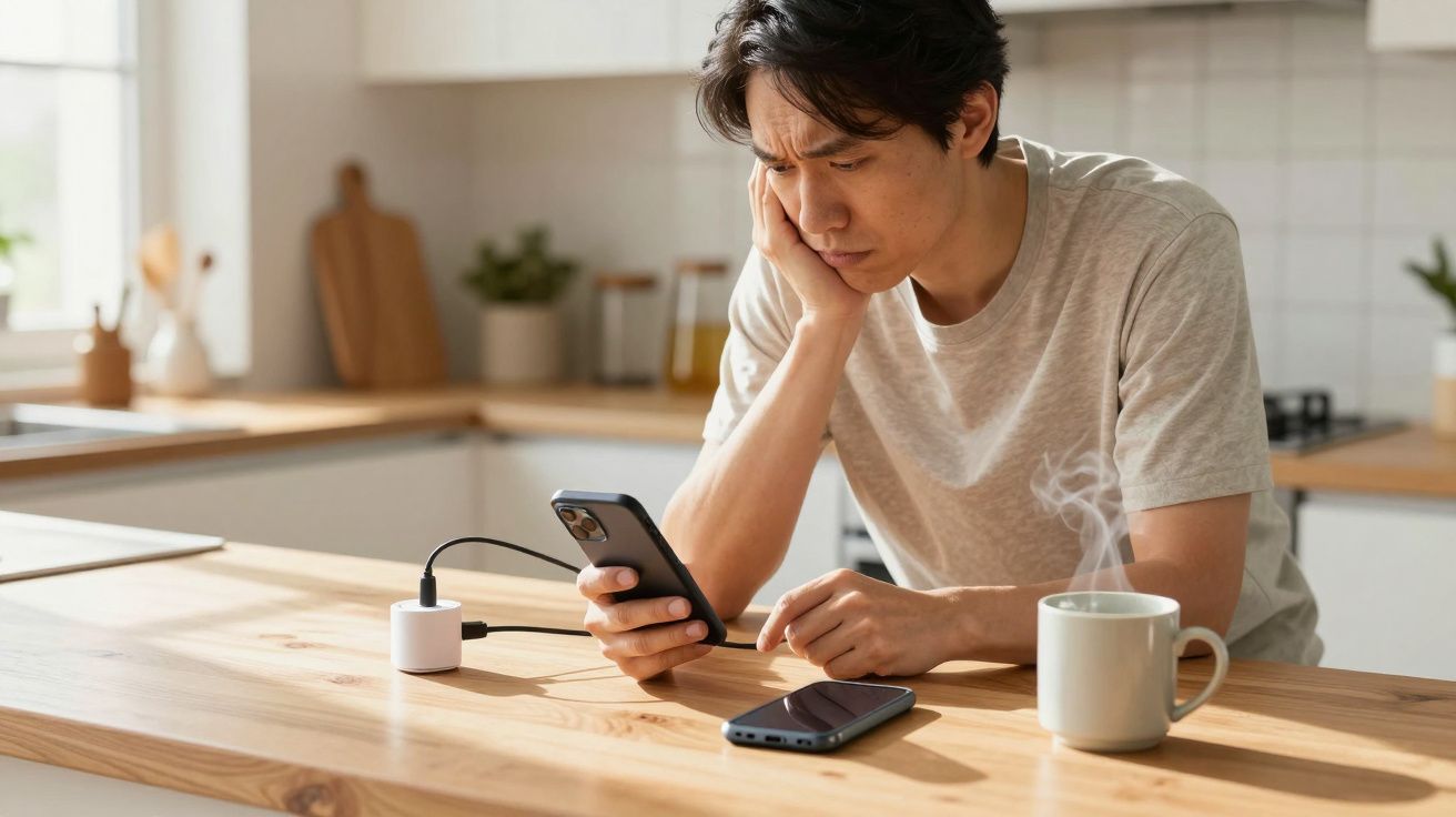 Man in kitchen looking at phone, with a cup of coffee and a second phone on the table.