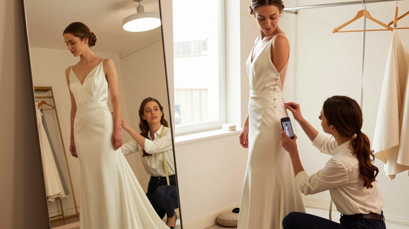 Bride stands in fitting room, adjusting white gown with tailor kneeling beside, holding a smartphone and measuring tape.