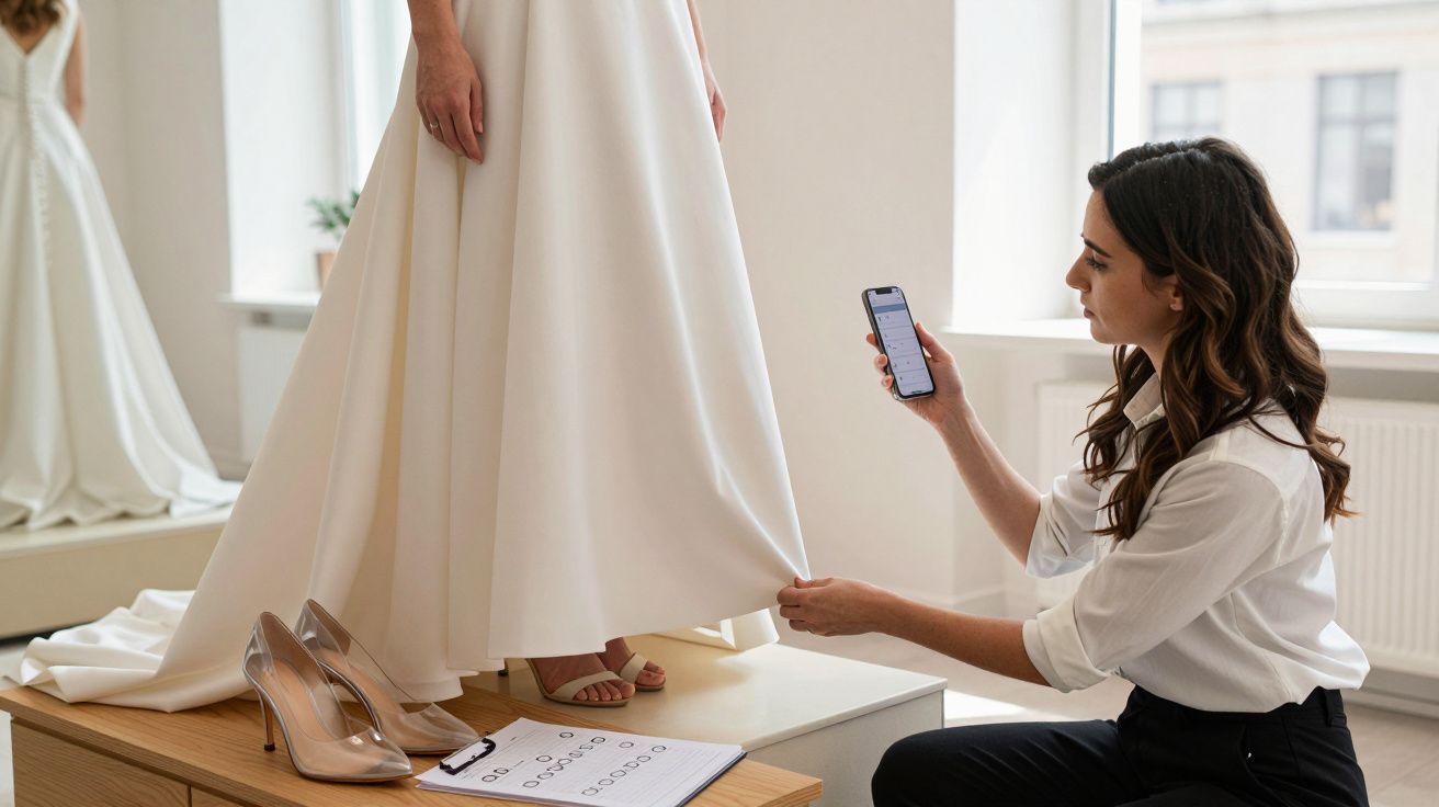 Woman adjusts bridal gown hem, holding a phone. High heels and paper lie nearby in a sunlit room.