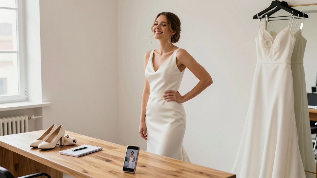 Bride in simple white dress smiling, standing near desk with shoes and phone, another dress hanging nearby.