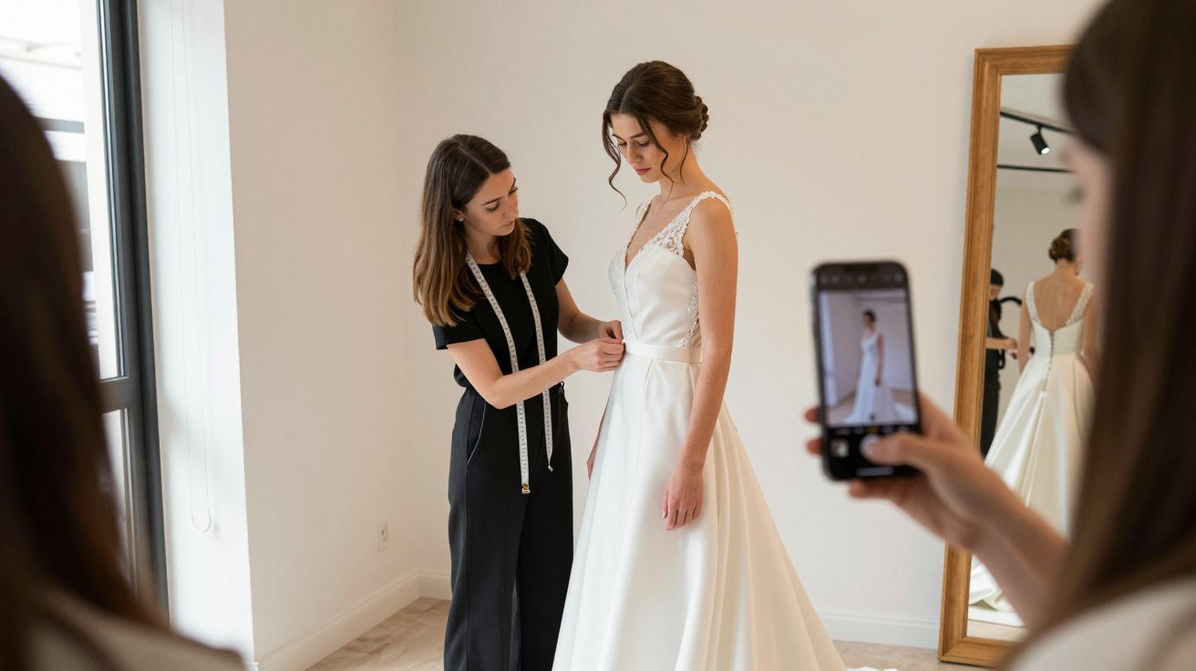 Bride fitting a white wedding dress with the help of a tailor, while a person captures the moment on a smartphone.