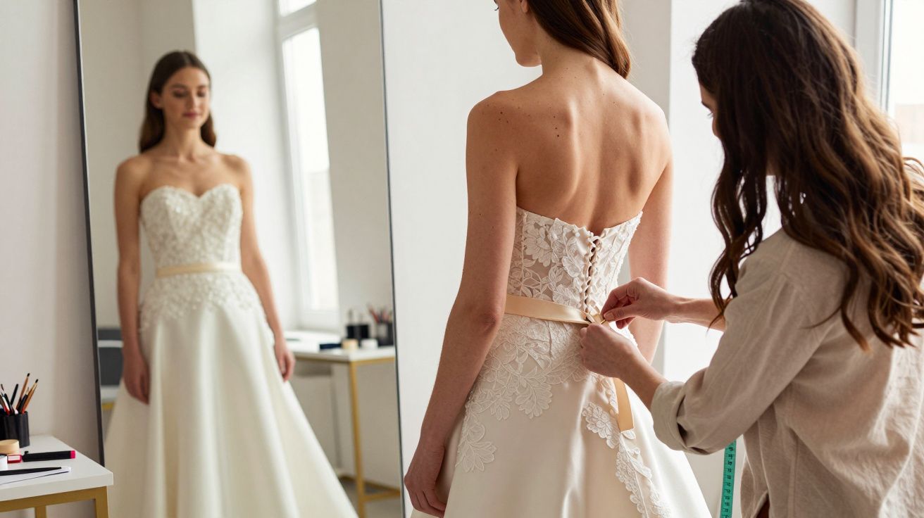 A bride-to-be stands in front of a mirror in her lacy strapless wedding dress while a seamstress adjusts the fit.