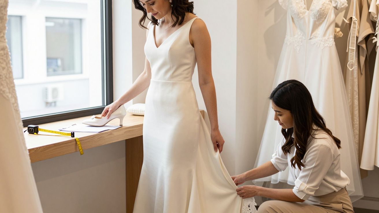 A bride in a white gown stands as a seamstress adjusts the hem, near a window in a bridal shop.