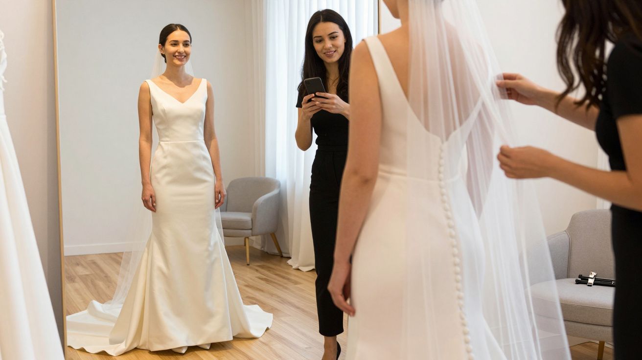 Bride in a wedding dress smiles at mirror, assisted by two women in a fitting room.