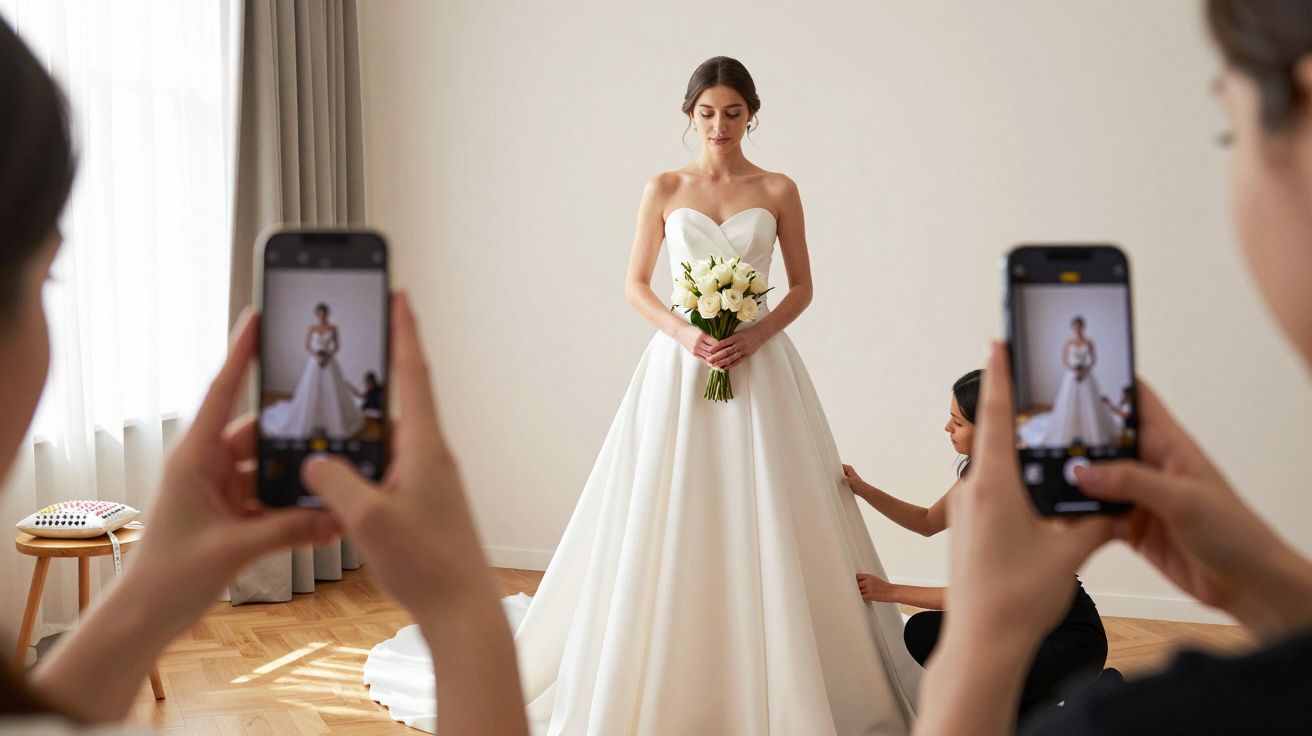 Bride in white gown holding flowers, getting final touches, two people taking photos with smartphones in a bright room.