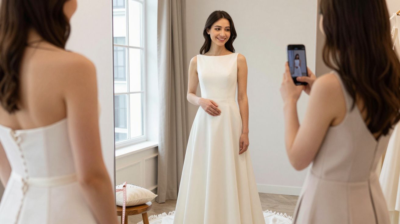 Woman in elegant white wedding dress smiling, being photographed by a friend in a fitting room with large window.