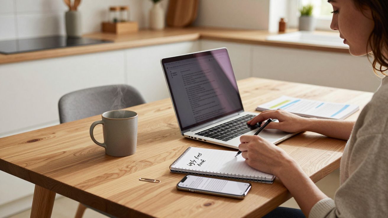 Woman working on a laptop at a wooden table with a notepad, smartphone, and steaming coffee mug nearby.