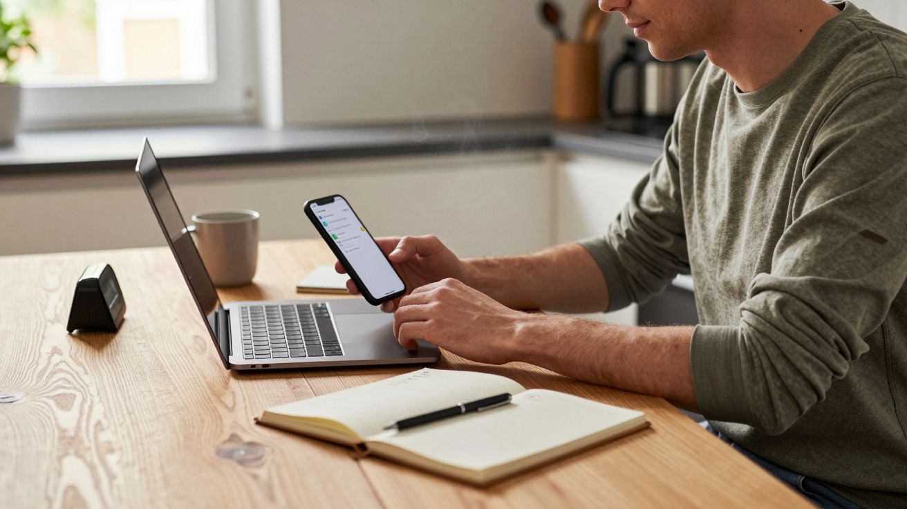 Man checking smartphone while working on laptop at a wooden table, with a notebook and pen nearby.