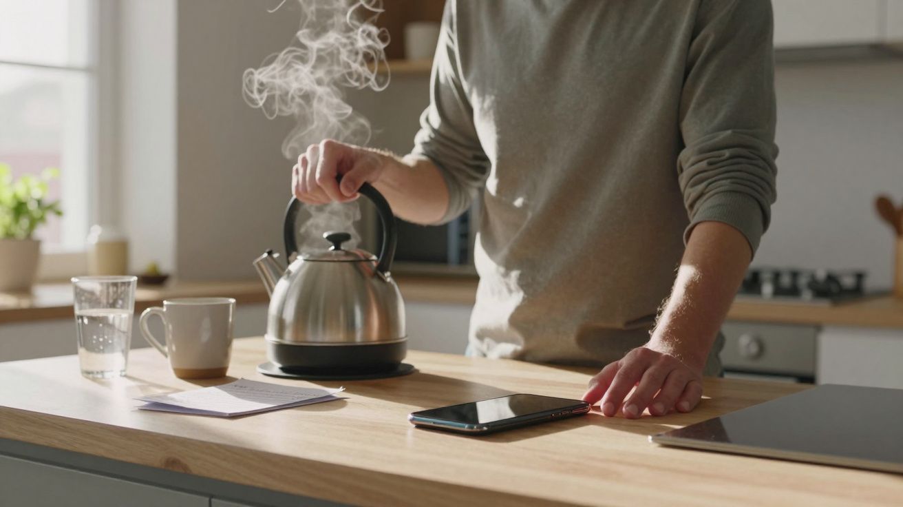 Man brewing tea in a modern kitchen, with steam rising from a kettle on a wooden countertop.