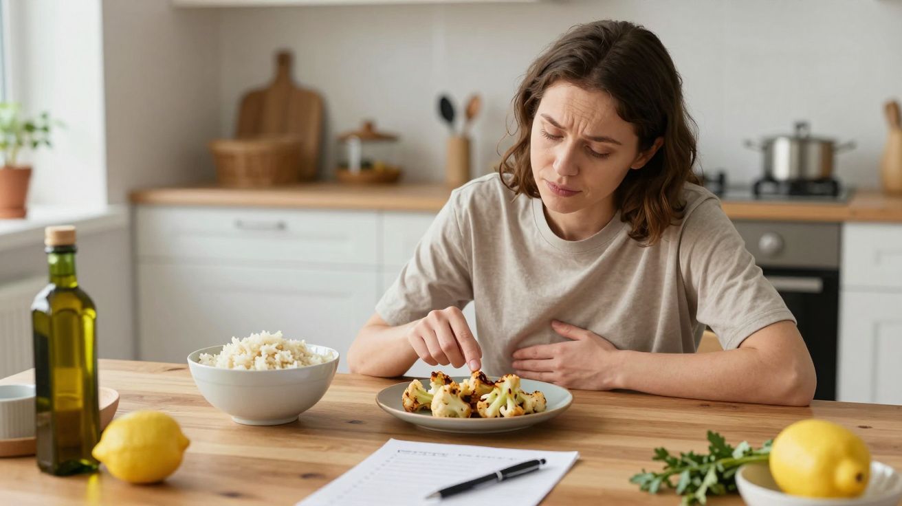Woman in kitchen, seated at table with rice and vegetable dish, appearing unwell.