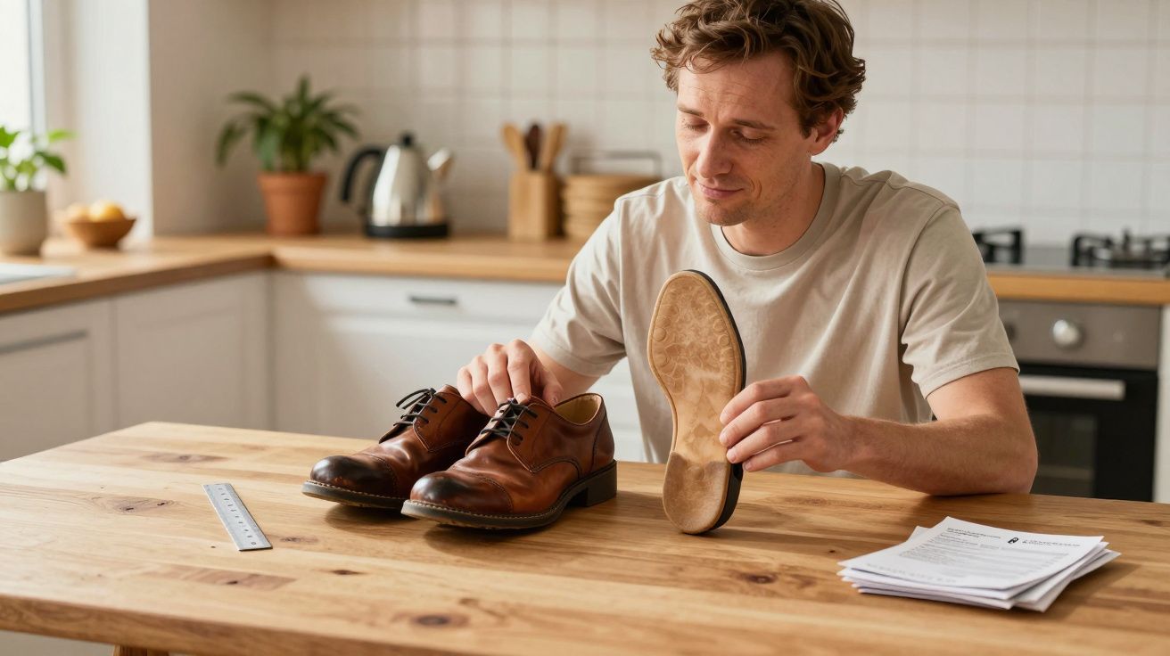 Man inspecting sole of brown leather shoe at wooden kitchen table.