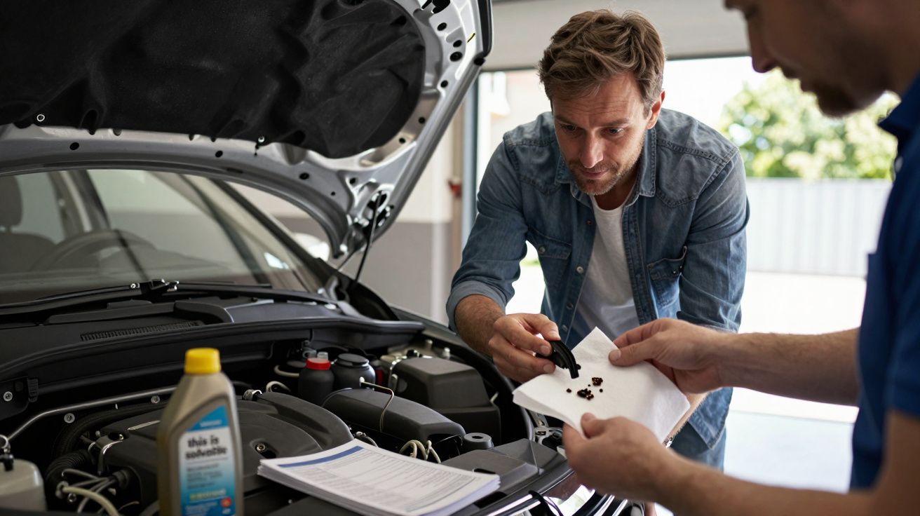 Two men inspect car engine oil on a white cloth, with the car bonnet open and oil container visible.