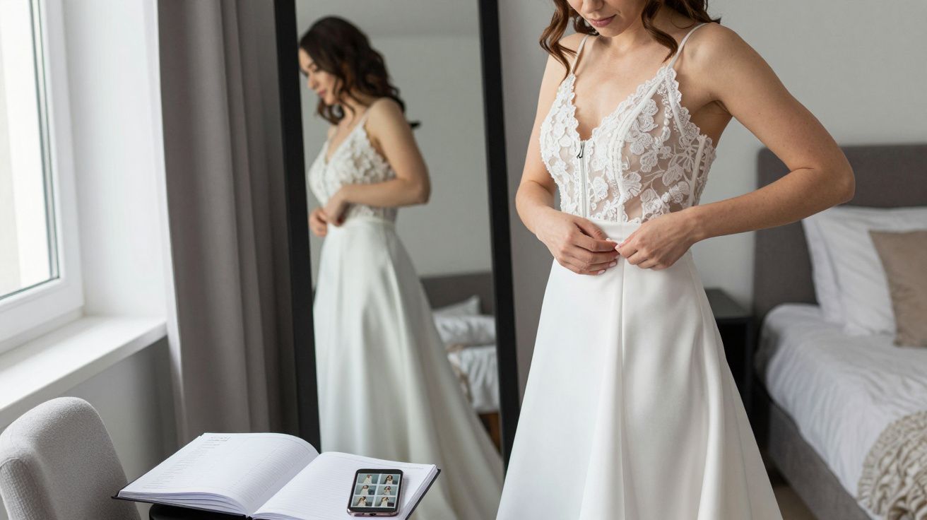 Woman in a lace bridal gown adjusts zipper, standing by a window with a book and phone on a table, a mirror behind her.