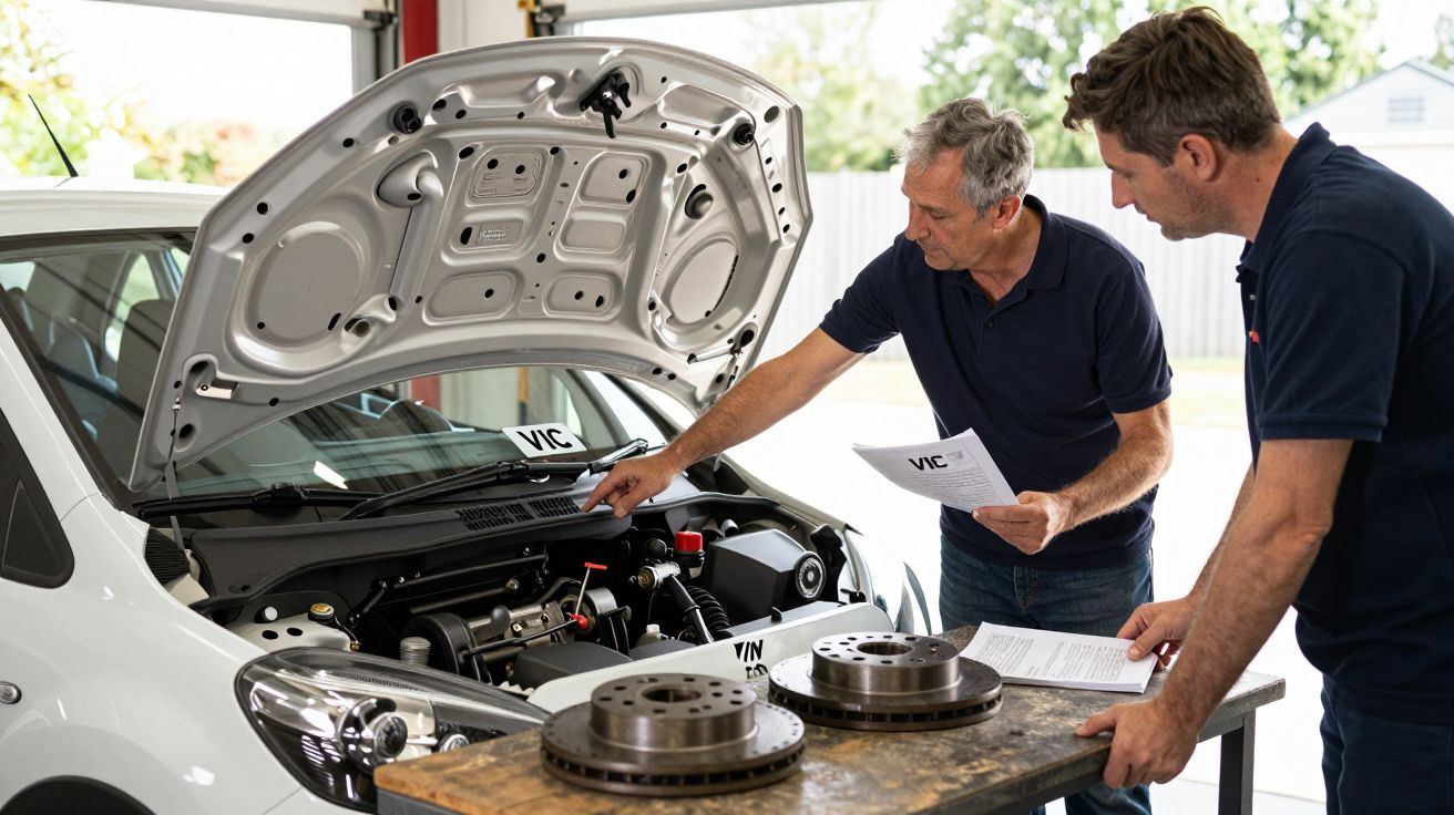 Two men examining a car engine with documents, brake discs on a table, under open bonnet in a garage setting.