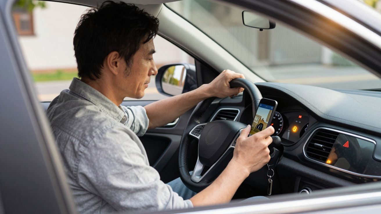 Man in car using smartphone while driving, focusing on screen.