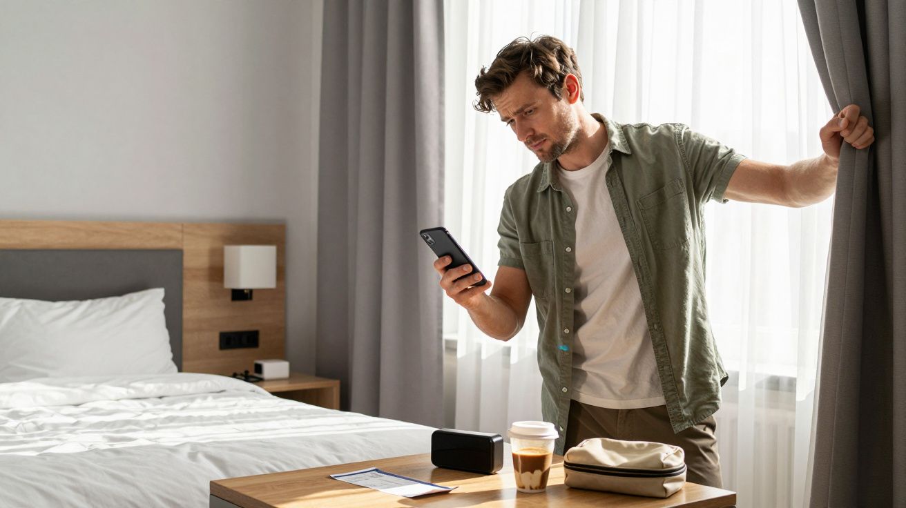 Man holding phone by hotel room window, looking at device, dressed casually. Cup, paper, and pouch on wooden table.