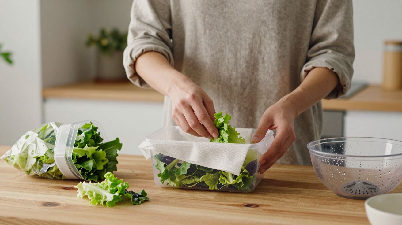 Person placing fresh lettuce in a container on a wooden kitchen counter, with a bag of lettuce and colander nearby.