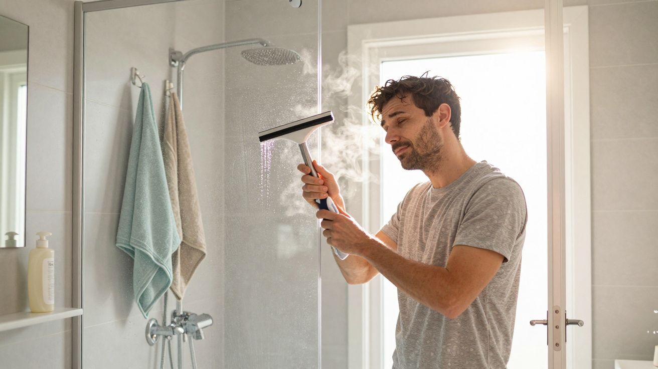 Man cleaning a misty shower door with a squeegee in a bright bathroom setting.