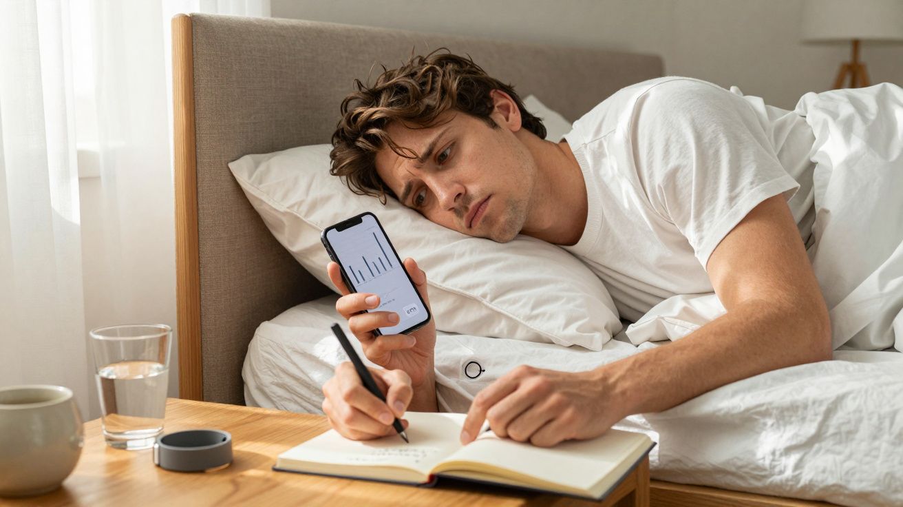 Man lying in bed, checking smartphone graph, writing in a notebook on a wooden bedside table.