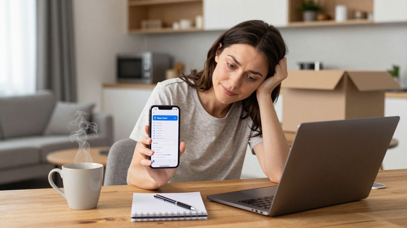 Woman at desk with laptop, holding phone displaying a to-do list, looking thoughtful.