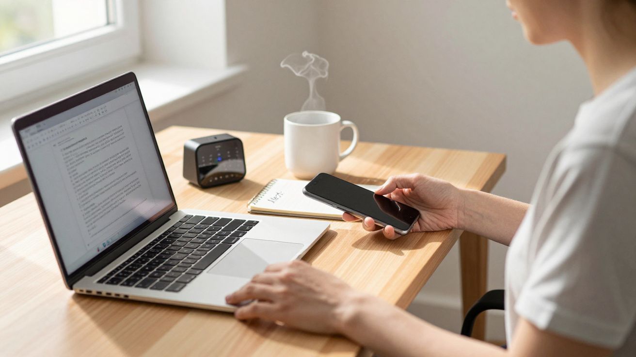 Person using a laptop and phone at a wooden desk with a notepad, mug, and digital clock nearby.