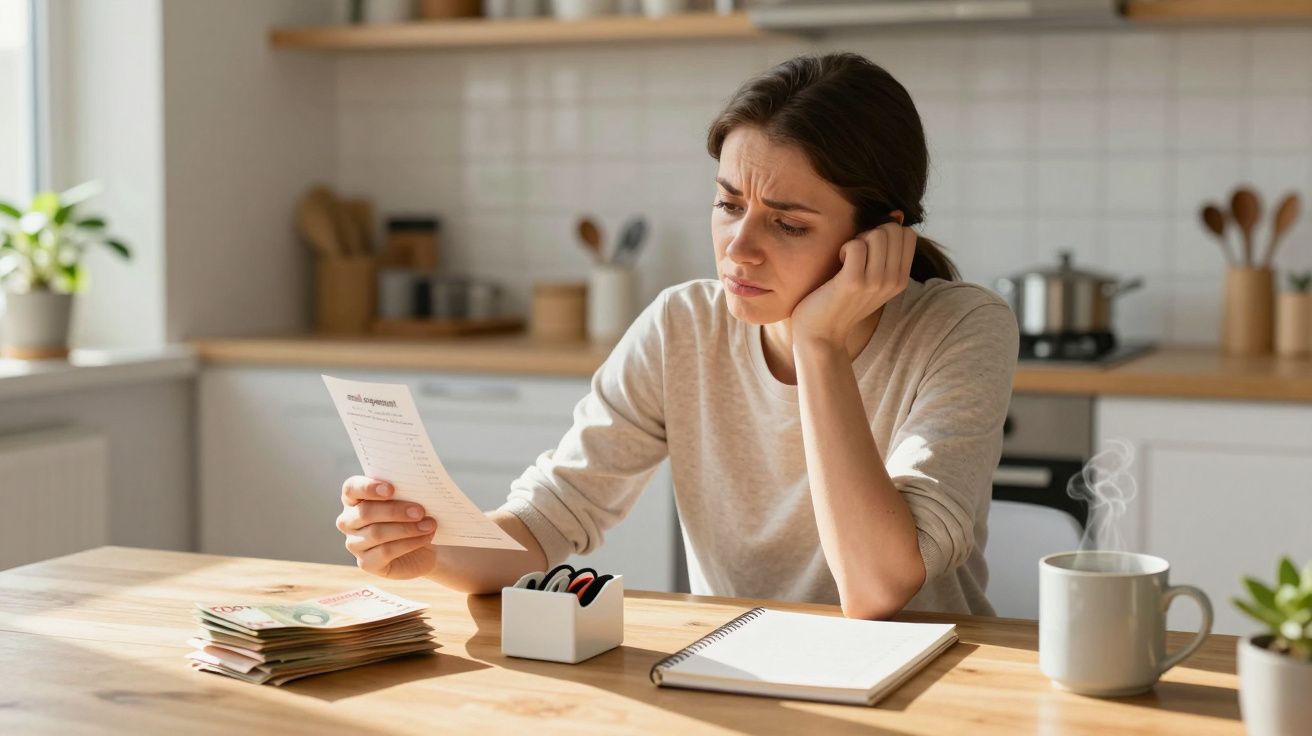 Woman at kitchen table, reading a bill, looking worried. Papers, notebook, and steaming mug on the table.
