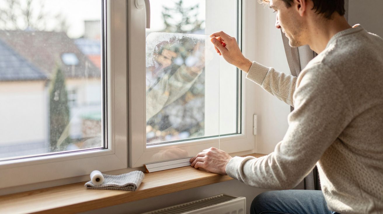 Man applying film to a window indoors, with cloth and roller on the sill.