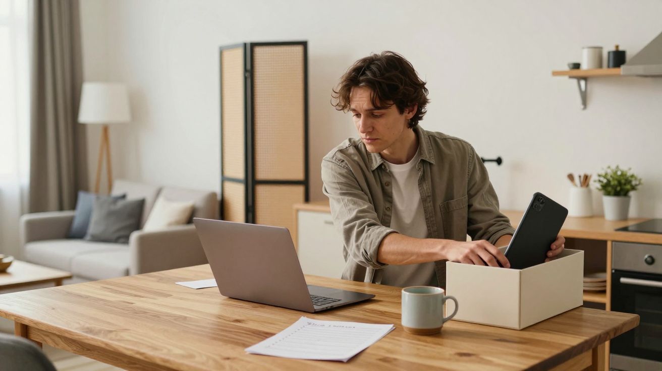 Man sitting at a table with a laptop, placing a tablet into a box, in a modern living room.