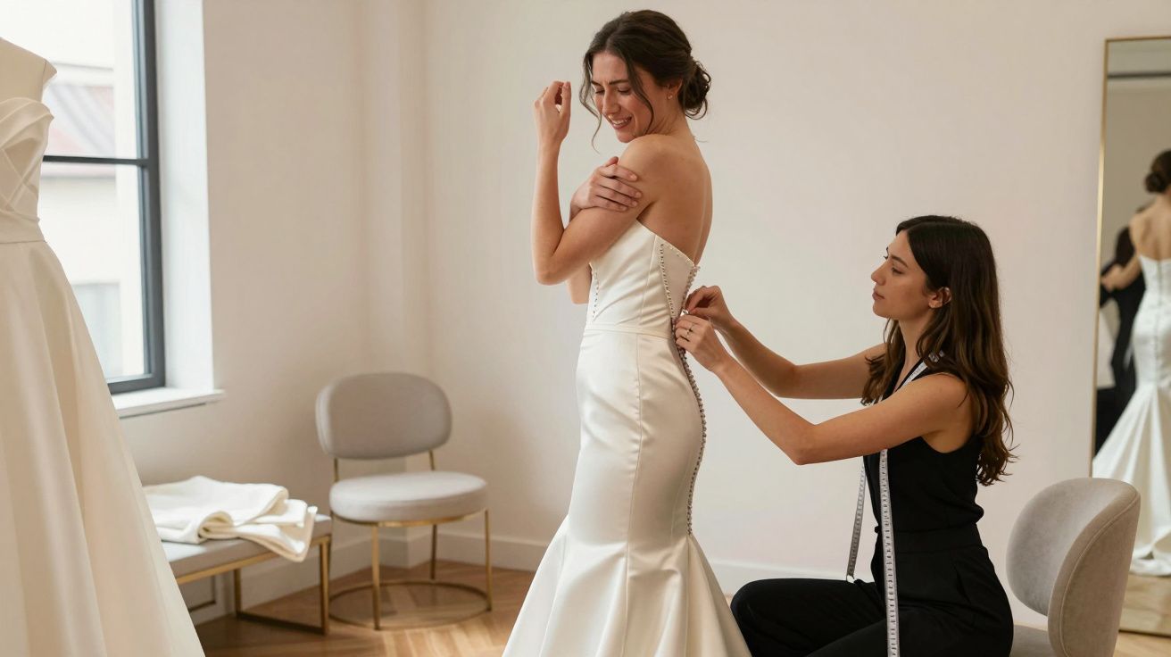 Bride smiling during final fitting of a strapless wedding dress, assisted by a tailor in a well-lit room.