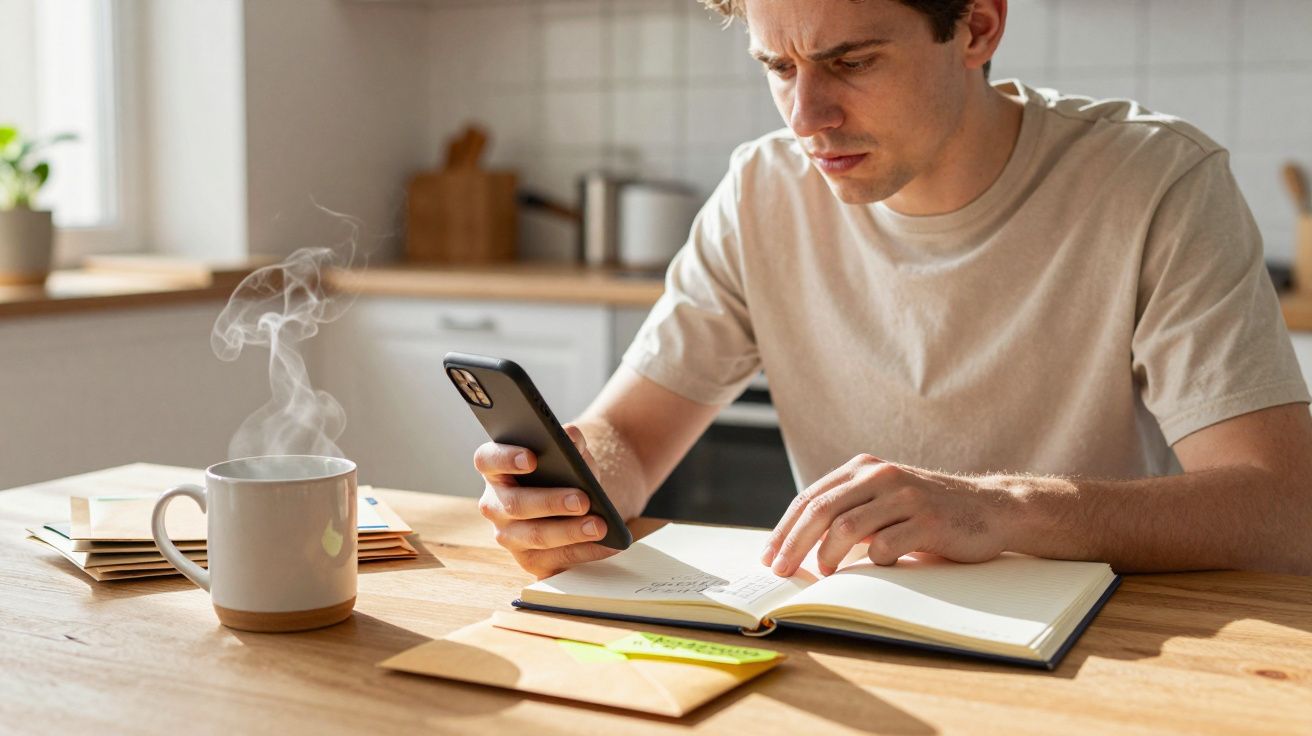 Man in kitchen reading phone and writing notes in open notebook with steaming mug nearby.