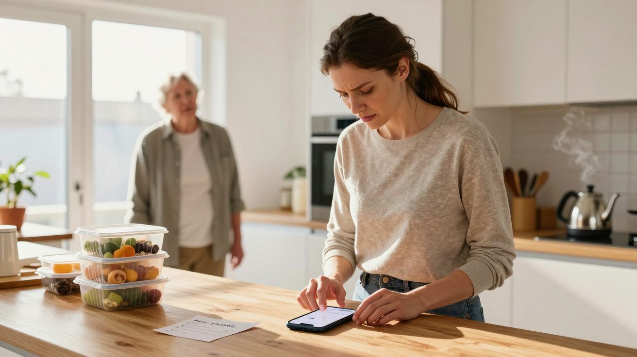 Woman using smartphone in kitchen with food containers and older woman in background.